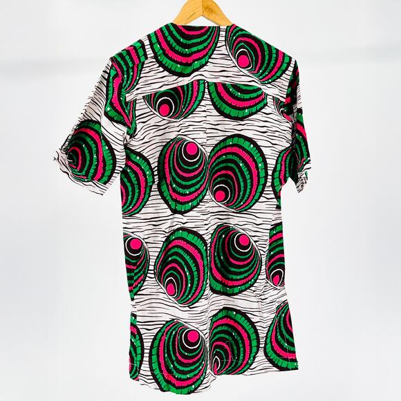 Handmade Dutch Wax Vlisco Green Pink Psychedelic Print African Tunic Shirt - Picture 7 of 8
